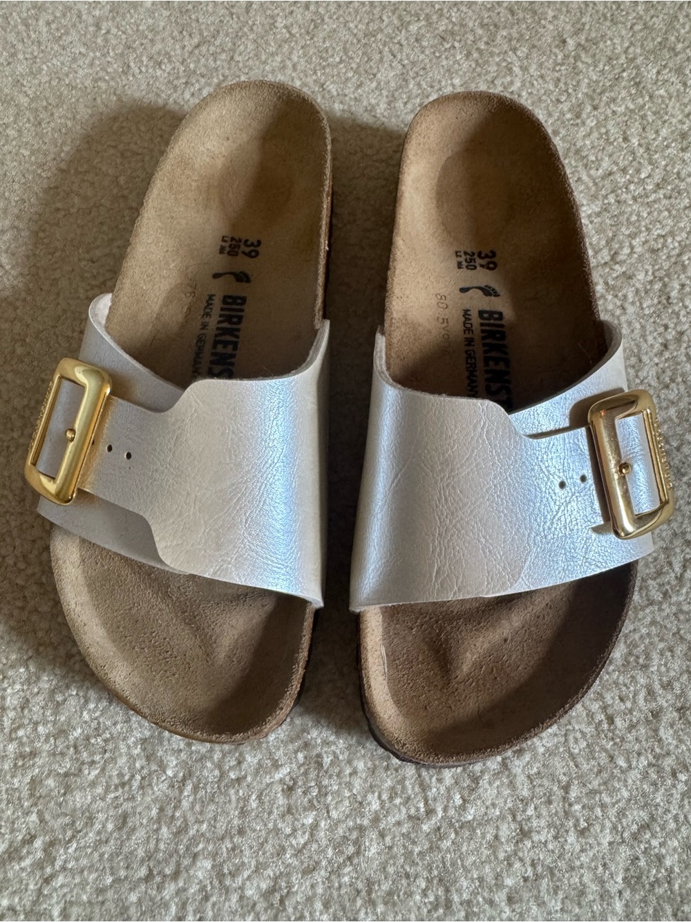 Birkenstock Metallic Madrid-Style Slide Sandals with Gold Buckle